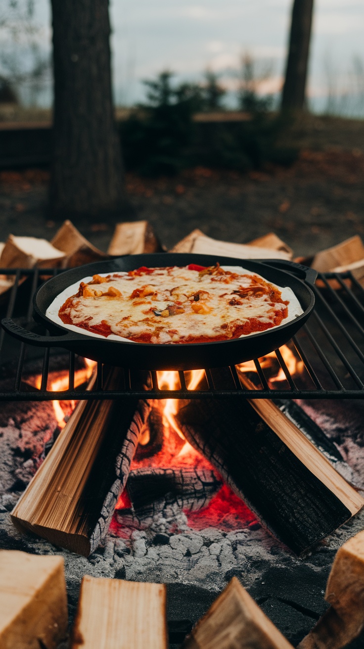 Campfire pizza cooking over an open fire with melted cheese and toppings.