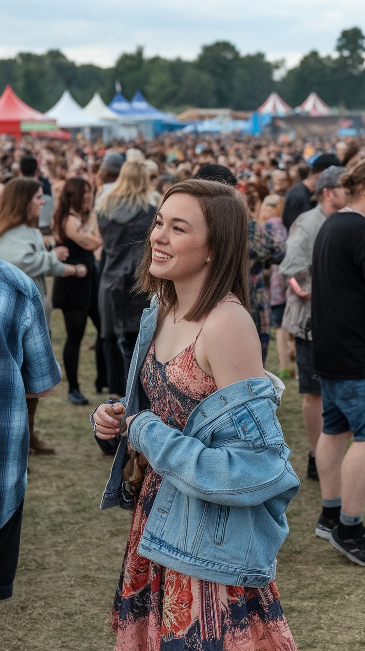 A smiling woman wearing a summer dress and a denim jacket at a crowded outdoor event.