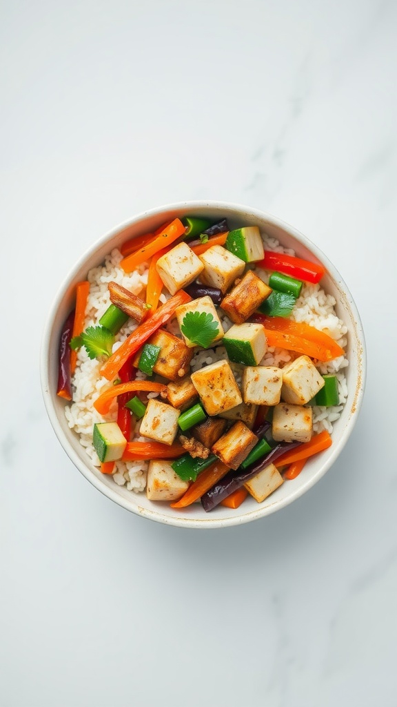 A bowl of cauliflower rice stir-fry with tofu and colorful vegetables.