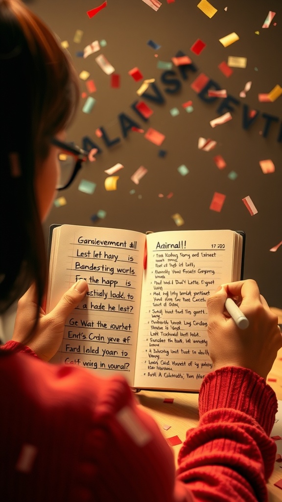 A person writes in a journal with confetti in the air, celebrating small wins.