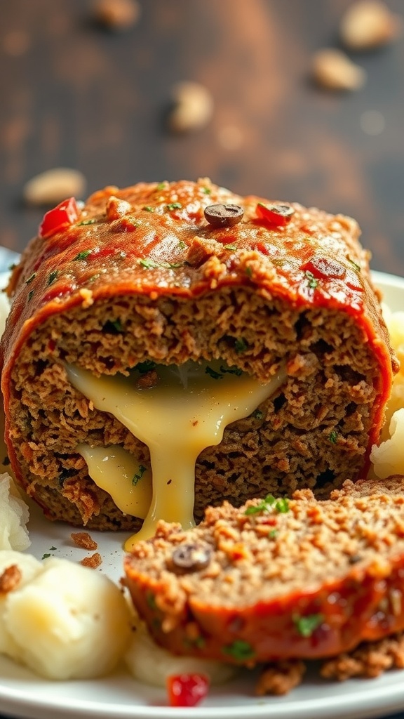 A slice of cheese-stuffed meatloaf with melted cheese oozing out