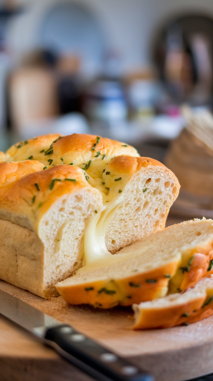 A loaf of cheese and chive bread, sliced to show its fluffy interior and cheesy texture.