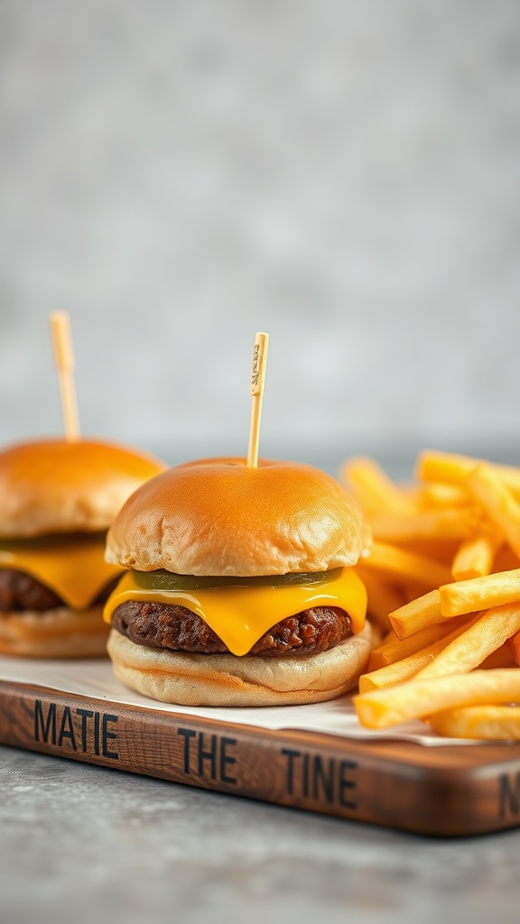 Delicious cheeseburger sliders with melted cheddar cheese and fries on the side.