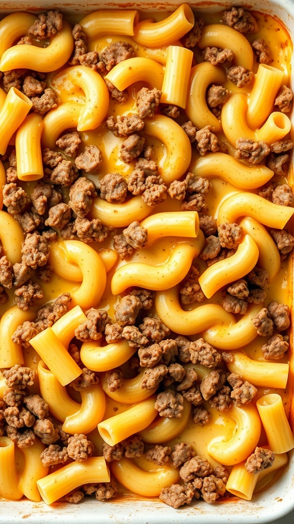 A delicious cheesy beef and macaroni bake, featuring ground beef mixed with macaroni and cheese.