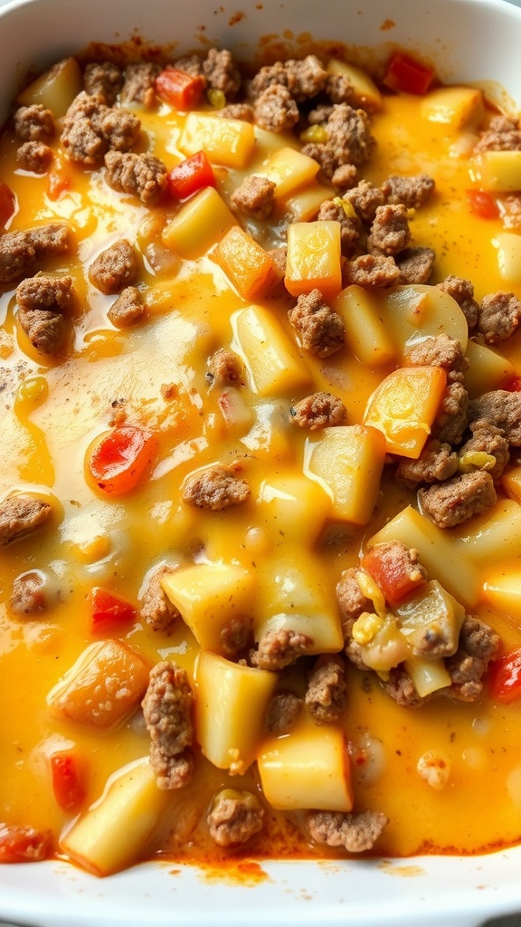 A warm dish of cheesy beef and potato casserole with ground beef, diced potatoes, and melted cheese.