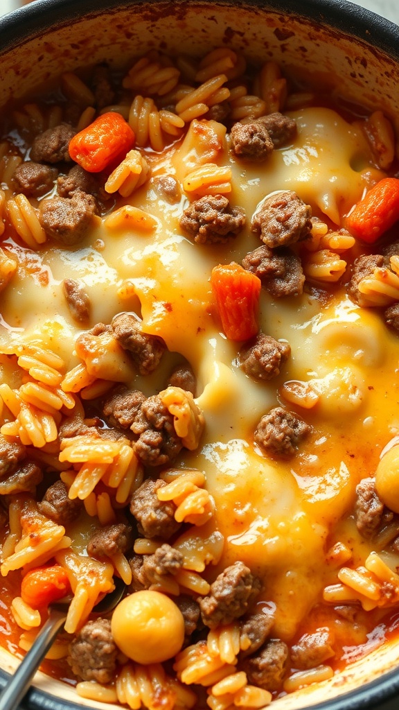 A delicious cheesy beef and rice casserole dish.