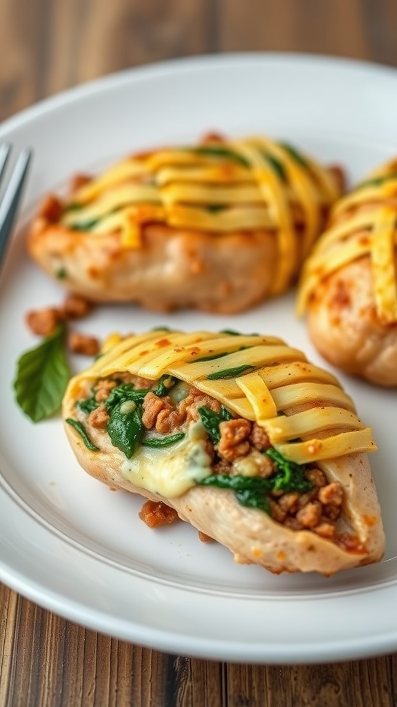 Cheesy beef and spinach stuffed chicken breast on a plate.