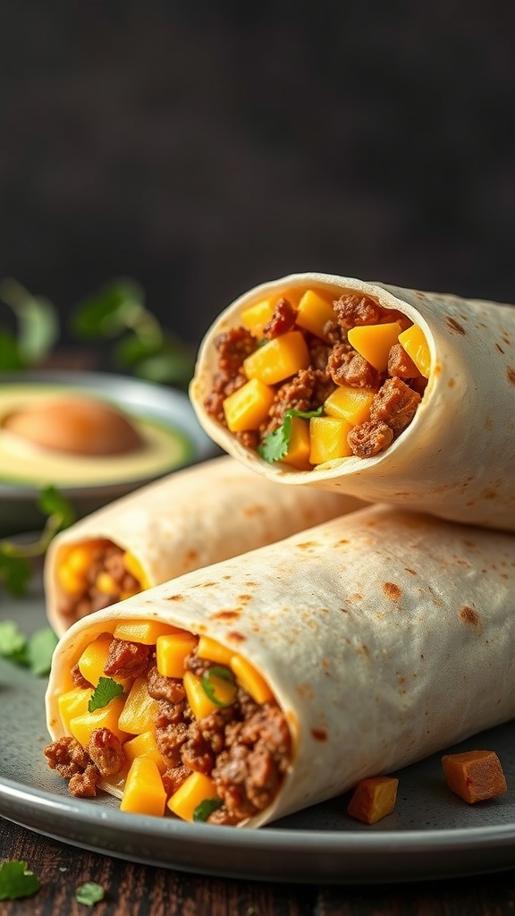 Delicious cheesy beef breakfast burritos filled with ground beef and cheese.