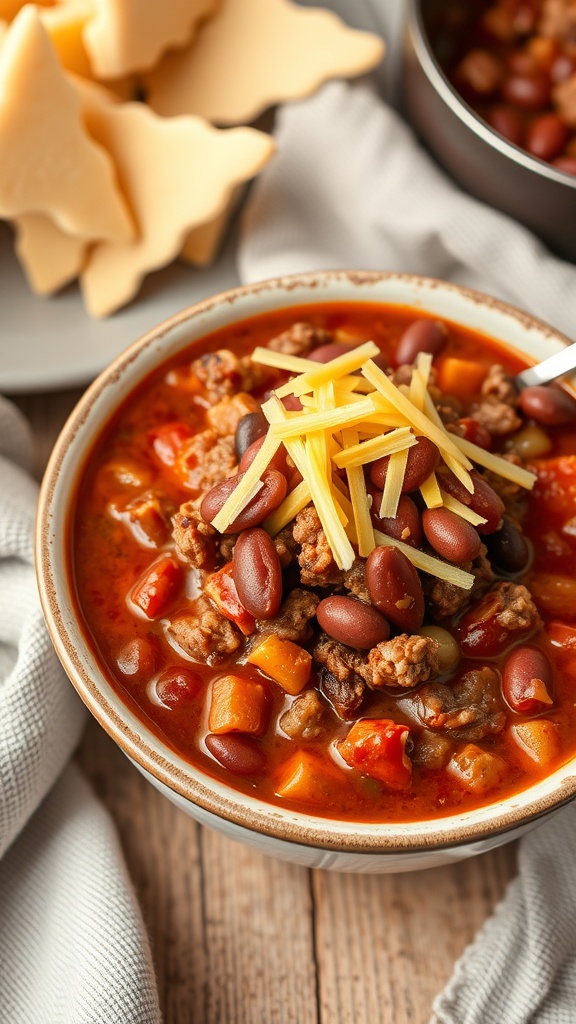 A bowl of Cheesy Beef Chili topped with shredded cheese and kidney beans.