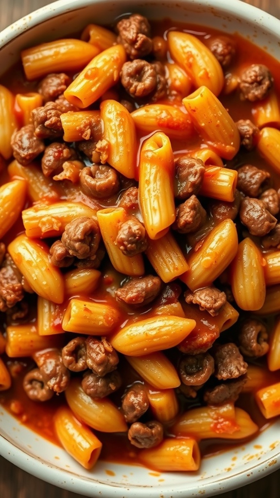 A bowl of Cheesy Beef Chili Mac featuring pasta, ground beef, and cheese sauce