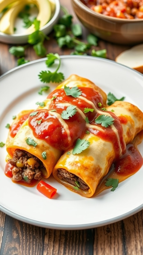 Cheesy beef enchiladas topped with tomato sauce and garnished with cilantro.