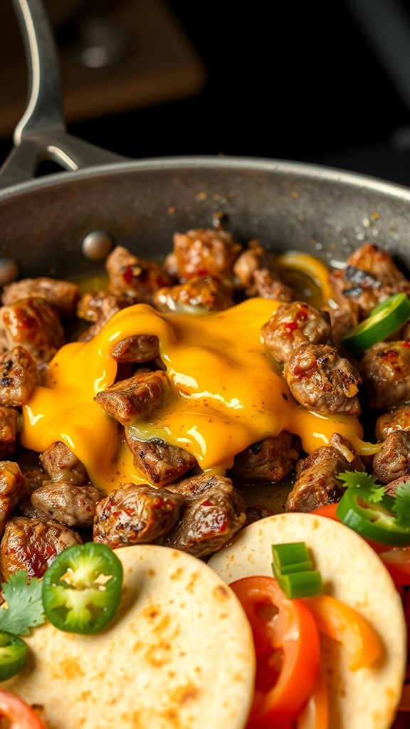 A skillet with cheesy ground beef and colorful vegetables, served with tortillas.