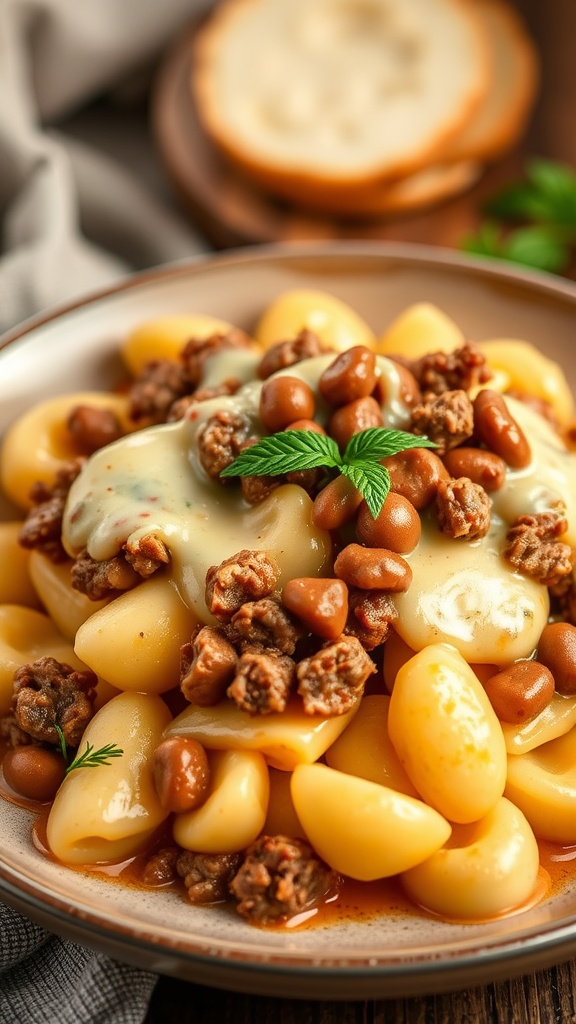 A delicious plate of cheesy beef gnocchi topped with kidney beans and herbs.