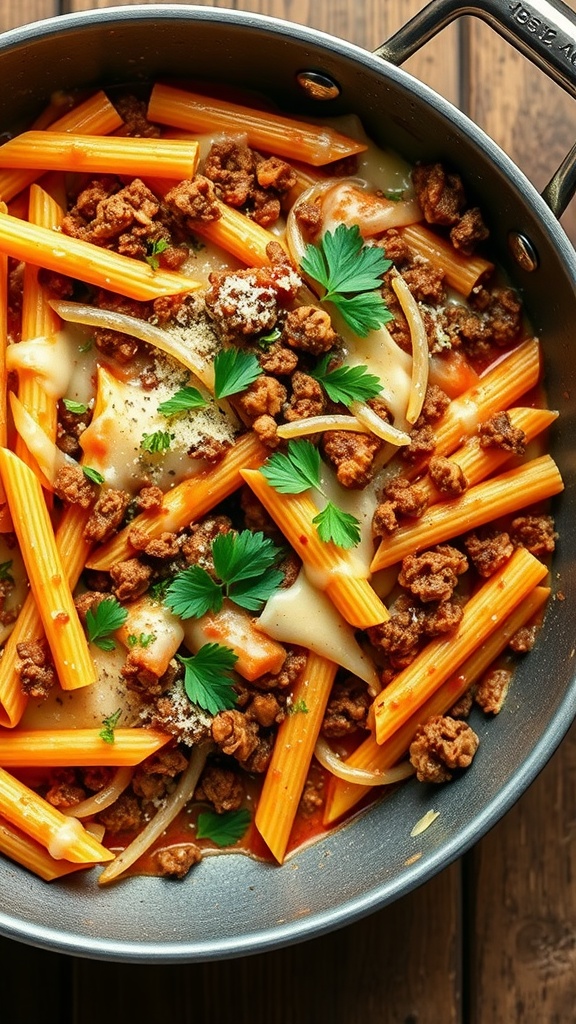 A delicious cheesy beef pasta skillet dish with ground beef, pasta, and melted cheese.