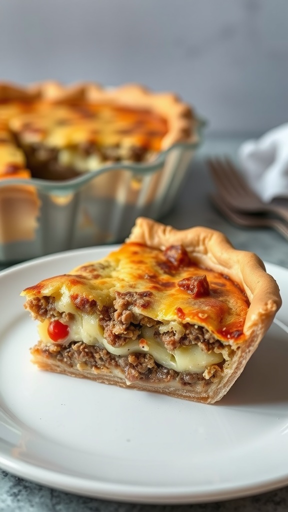 A slice of cheesy beef quiche on a plate with the whole quiche in the background.