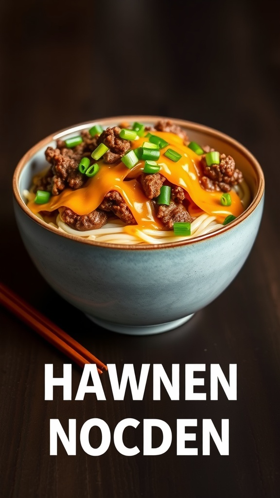 A bowl of cheesy beef ramen topped with green onions