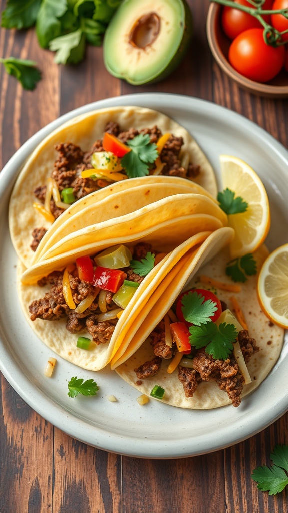 Delicious cheesy beef tacos served with fresh toppings and garnishes