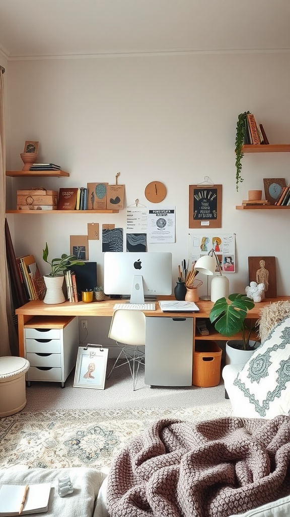 A cozy workspace in a bohemian bedroom with a wooden desk, computer, and plants.