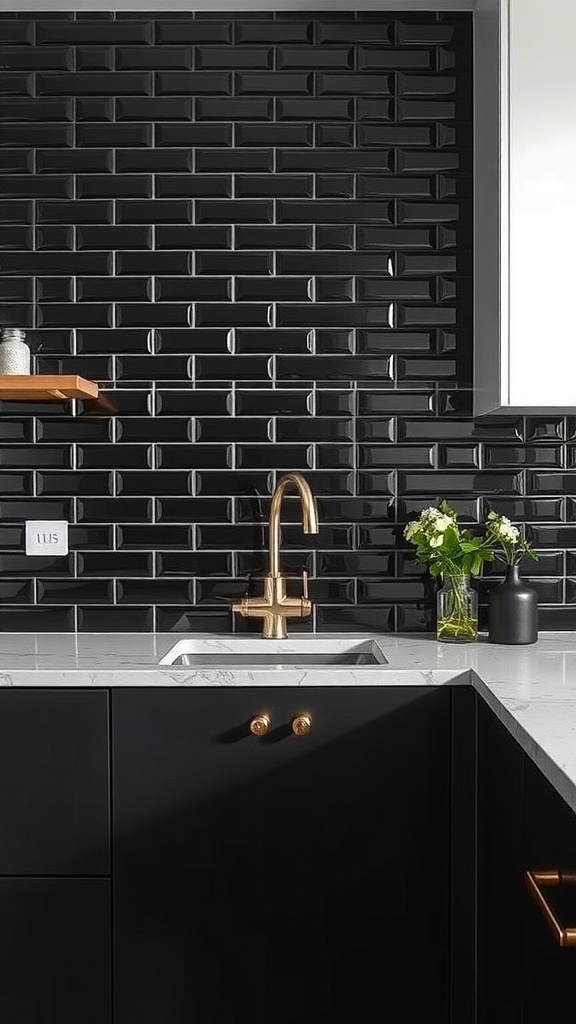 Chic black tile backsplash in a modern kitchen with gold accents.