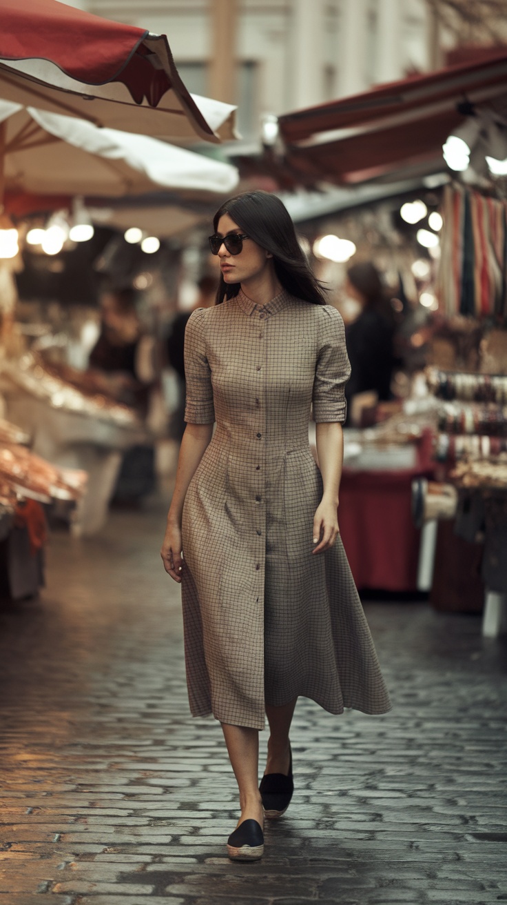 A woman walking in a chic button-down dress and espadrilles on a cobbled street.