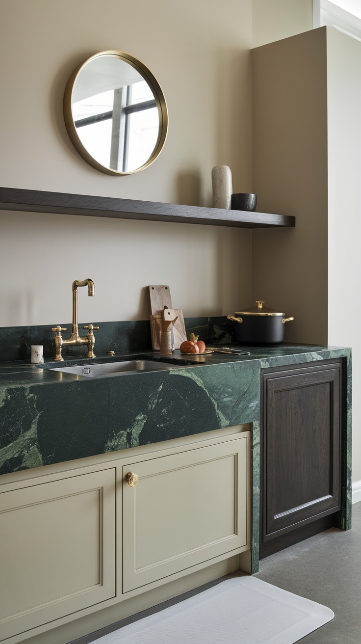 A modern luxury kitchen featuring soft green marble countertops, neutral cabinetry, and stylish decor.