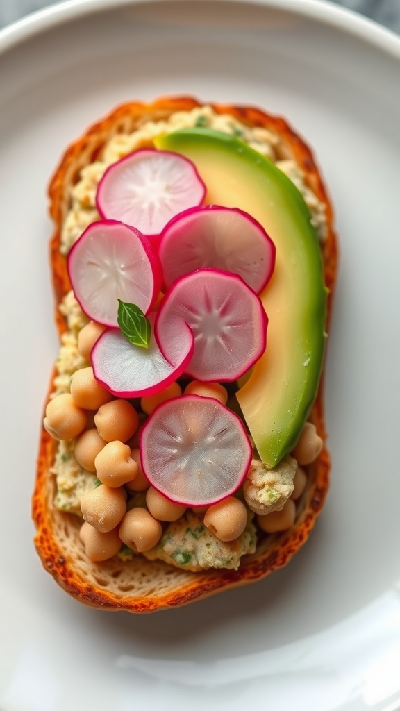 Chickpea and avocado toast topped with radish slices on a plate