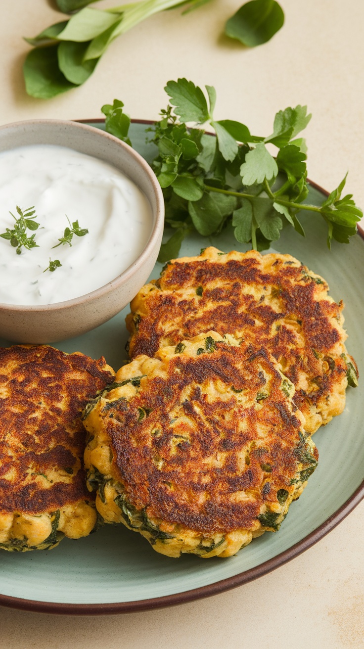 Chickpea and spinach air fryer patties served with a yogurt dip and garnished with herbs.