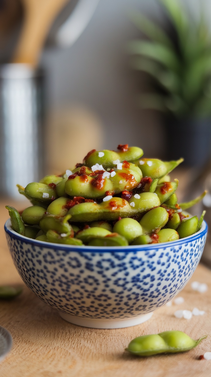 A bowl of spicy chili garlic edamame with a sprinkle of salt