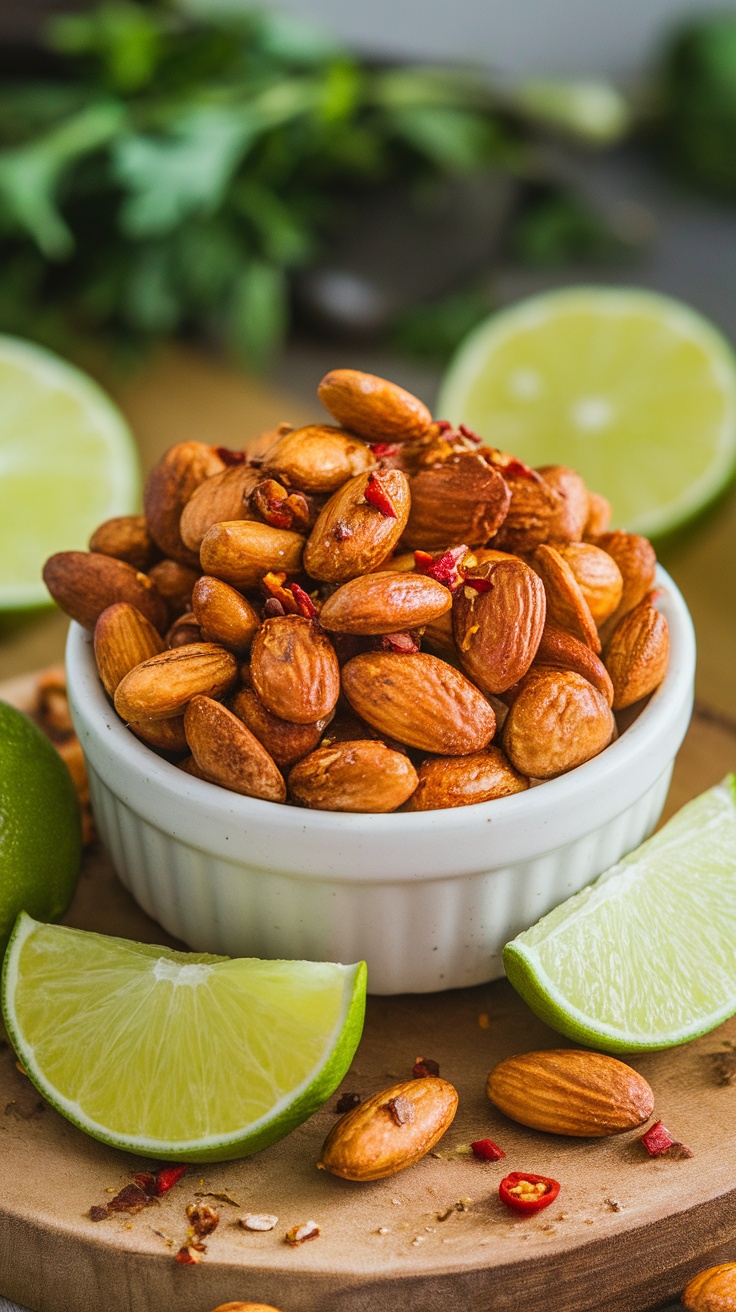 A bowl of chili lime roasted almonds with lime wedges.