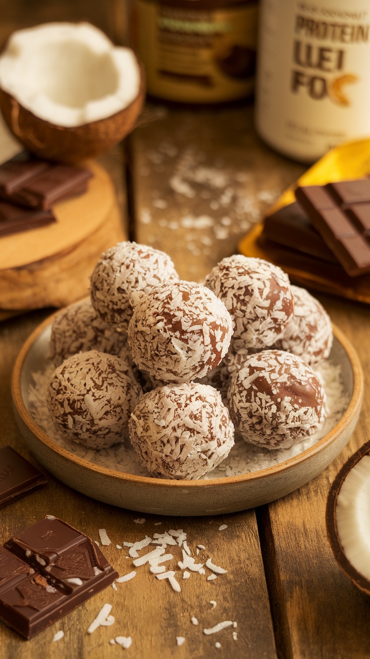 A plate of chocolate coconut keto protein balls coated in shredded coconut.