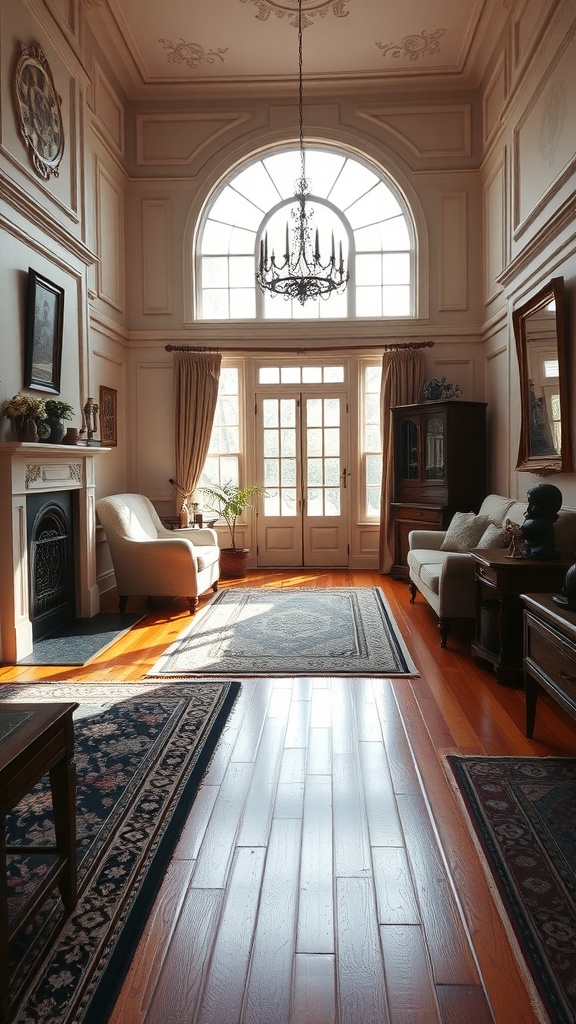 A bright Victorian living room with large windows, elegant furniture, and wooden flooring