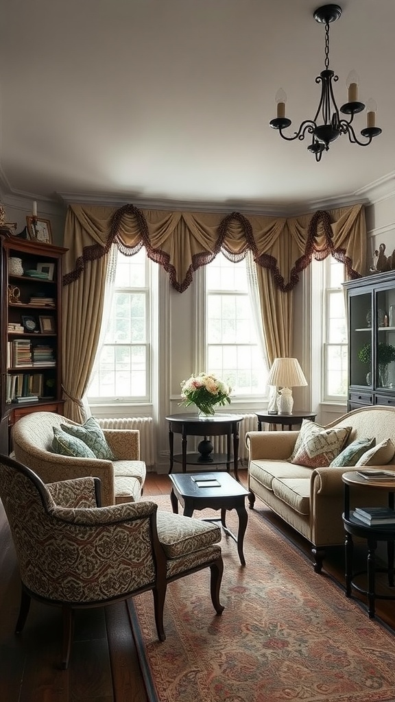 A cozy Victorian living room with elegant upholstery, curtains, and furniture.