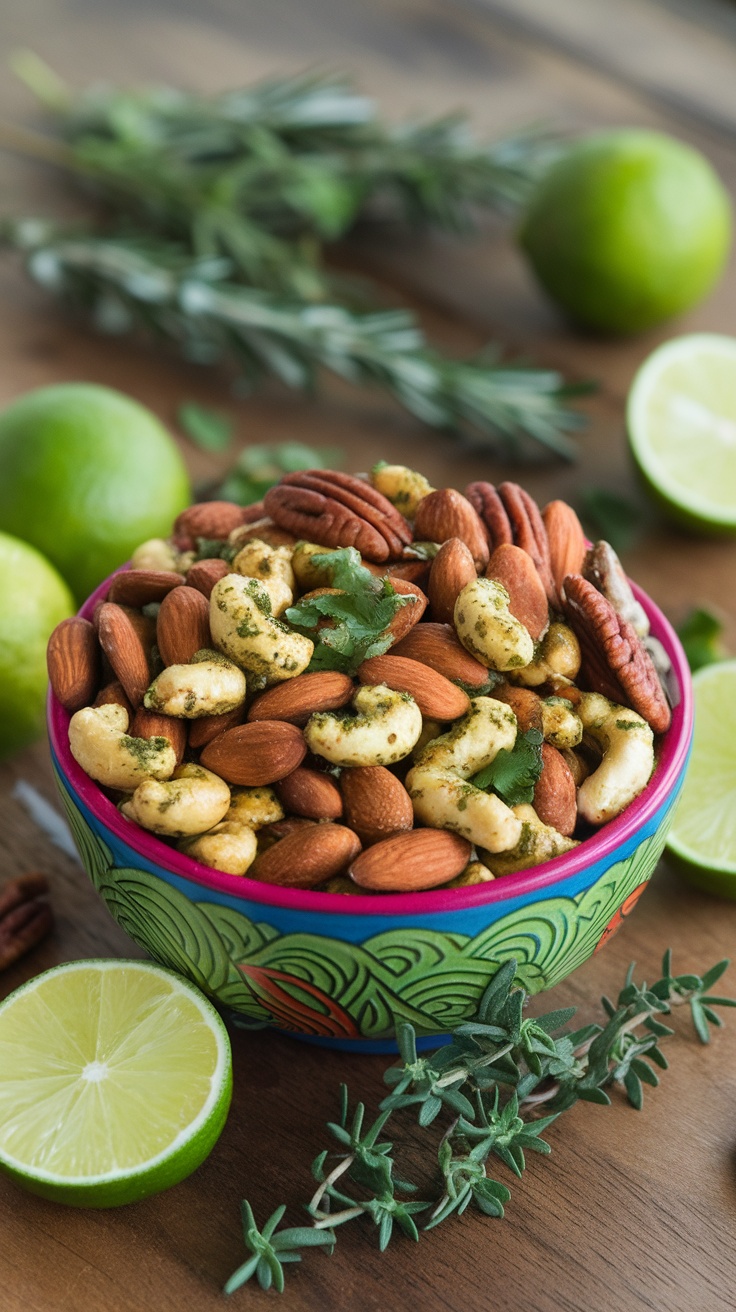 A colorful bowl filled with spiced nuts, garnished with cilantro and lime slices.