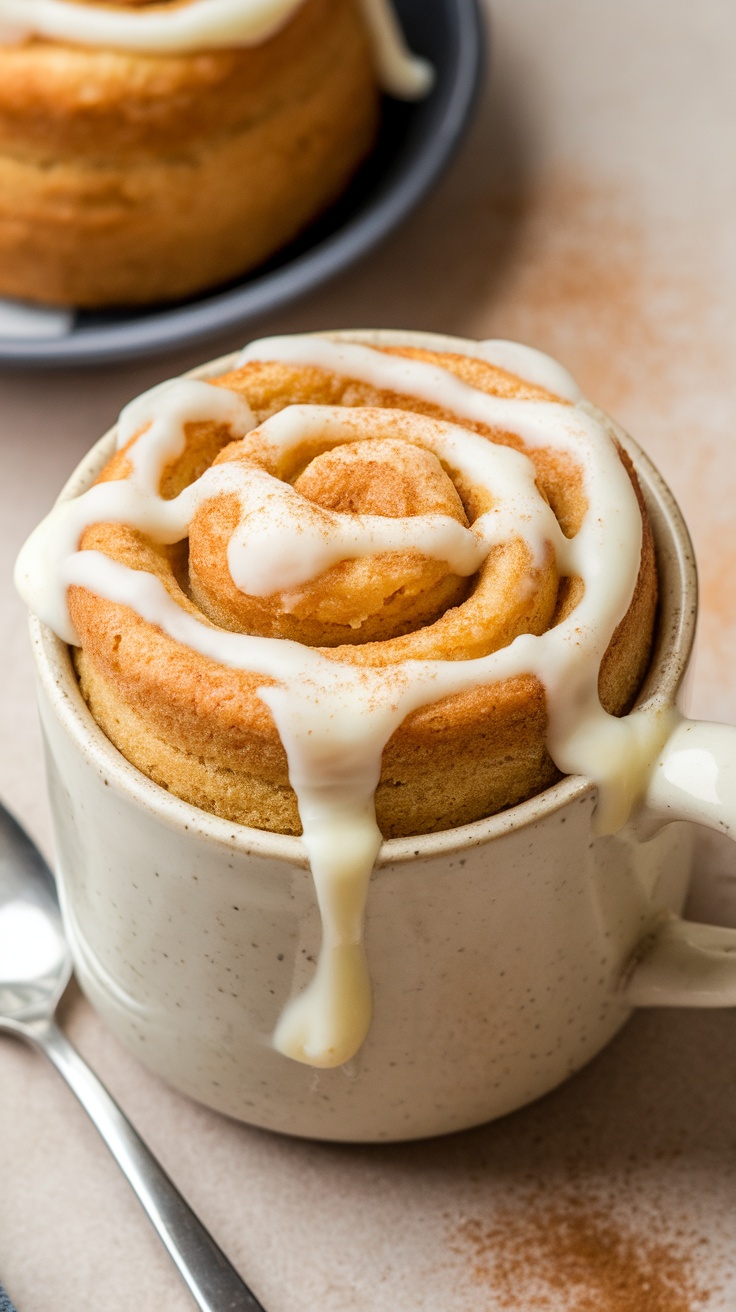 A warm cinnamon roll keto mug cake topped with cream cheese frosting, served in a white mug.