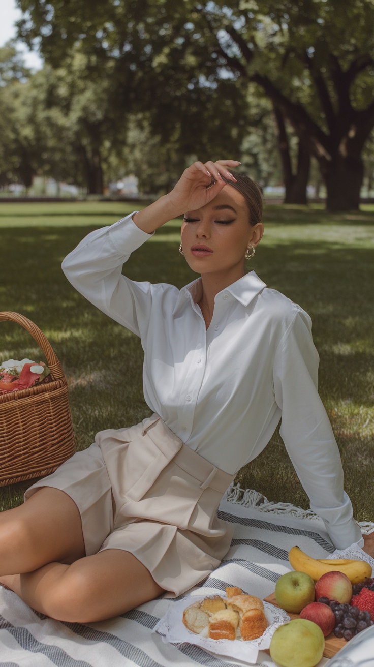 A woman in a white shirt and tailored shorts sitting on a picnic blanket with fruits and a basket.