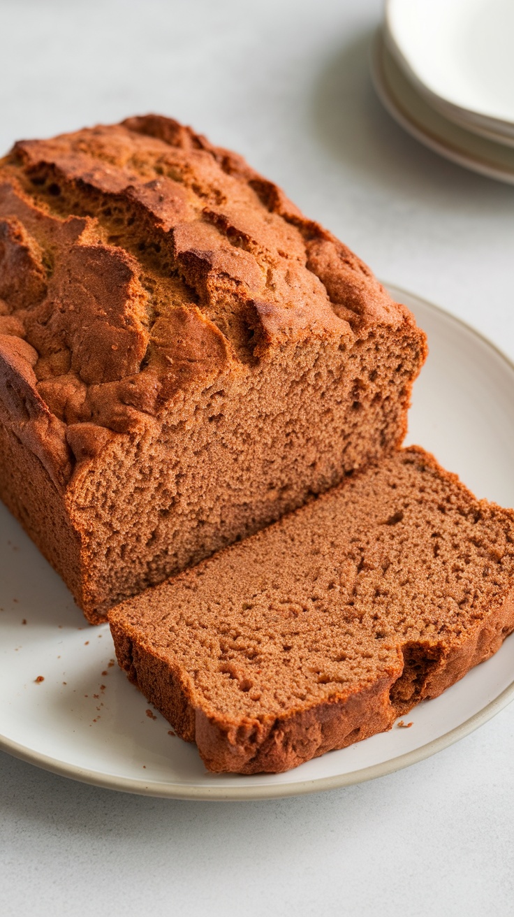 A loaf of coconut flour bread sliced on a plate, showcasing a fluffy texture.