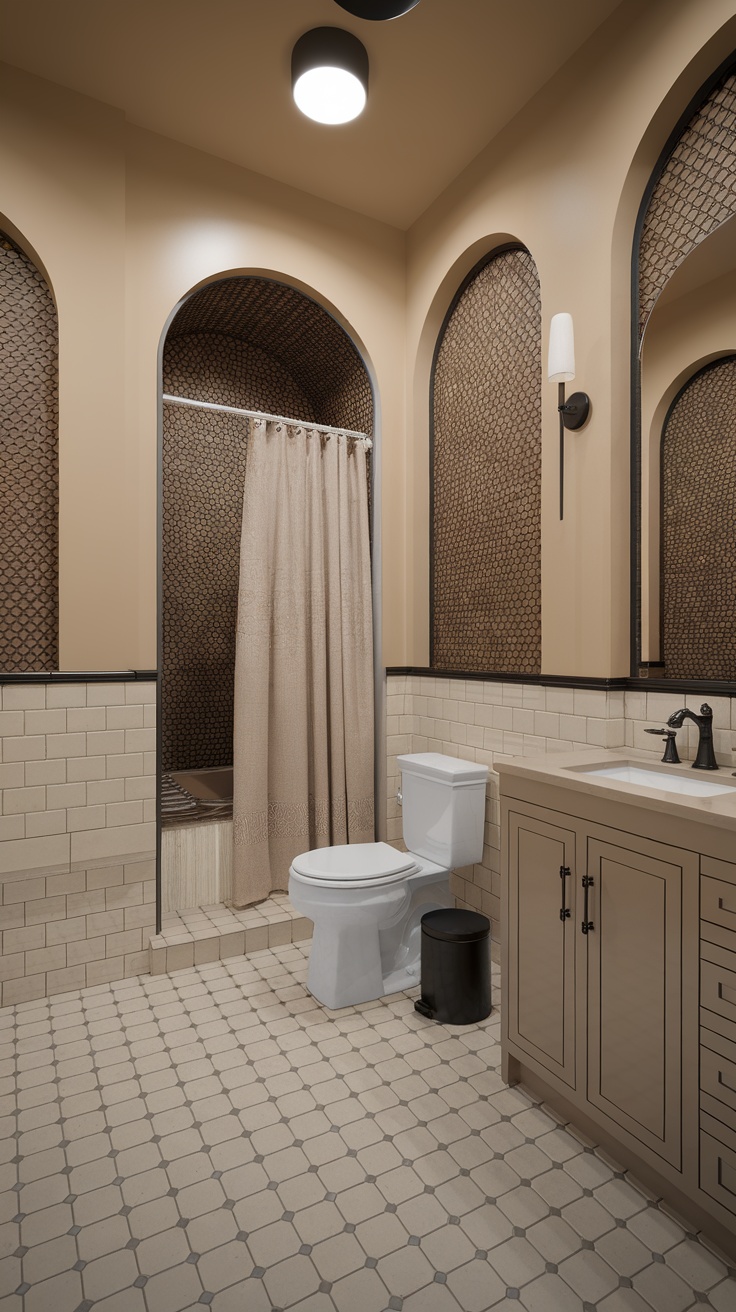 A modern bathroom featuring warm tones and cohesive design elements.