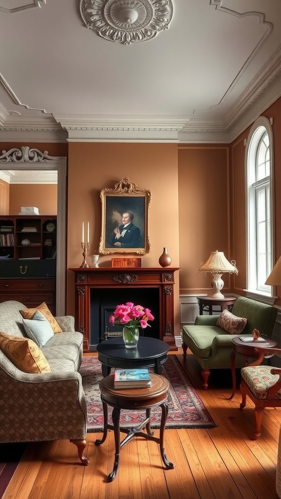 A cozy Victorian living room featuring colorful walls, elegant furniture, and a warm atmosphere.