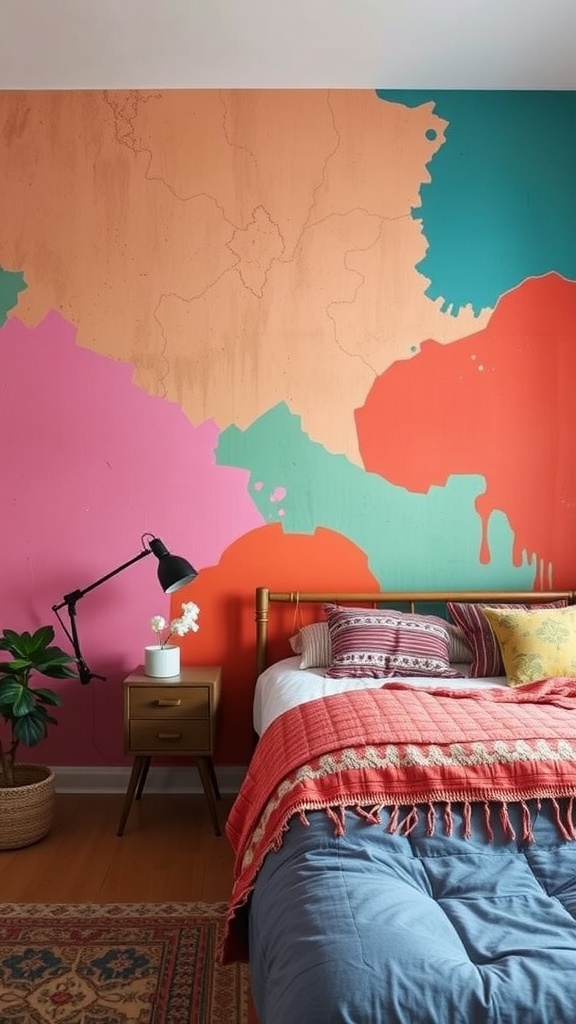 A bohemian bedroom with a colorful accent wall featuring pink, orange, and teal hues.