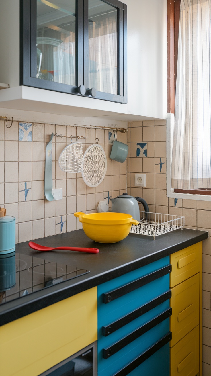 A colorful kitchen featuring a yellow bowl, blue drawers, and tiled backsplash.