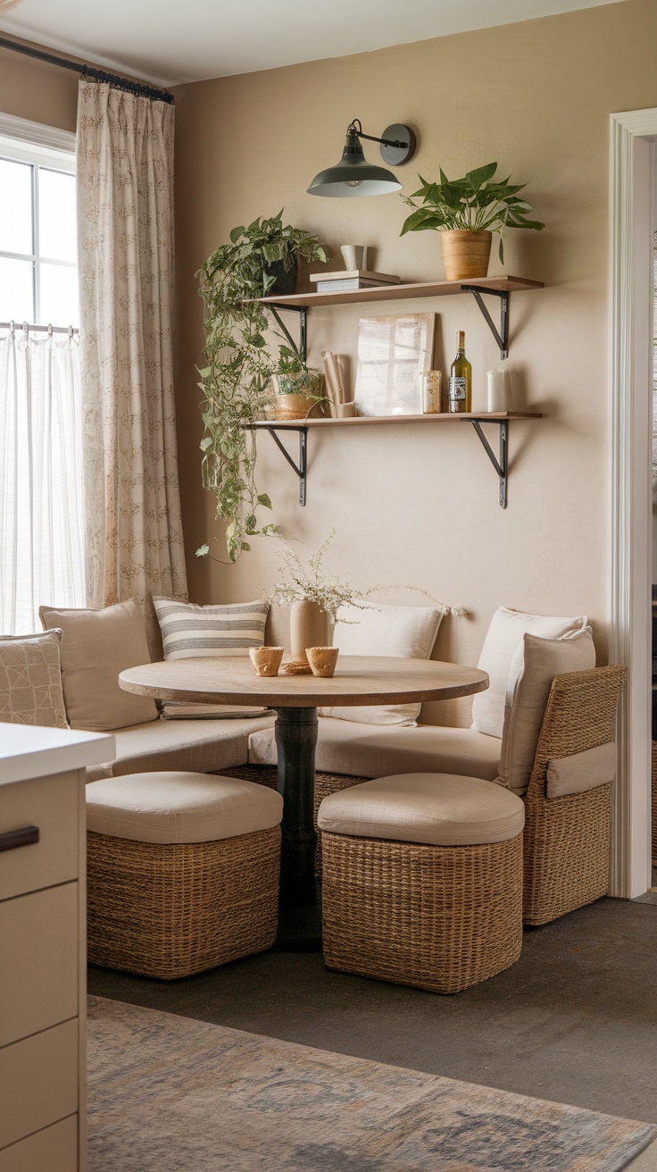 A cozy breakfast nook with soft seating, a wooden table, and plants, creating a warm atmosphere.