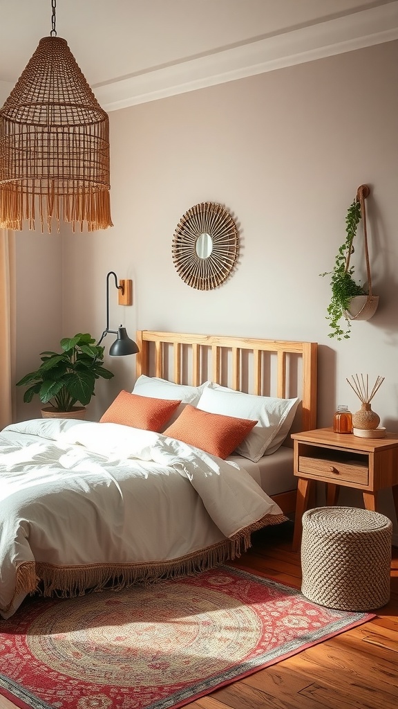 A beautifully decorated bohemian bedroom featuring neutral tones, earthy colors, and cozy decor.