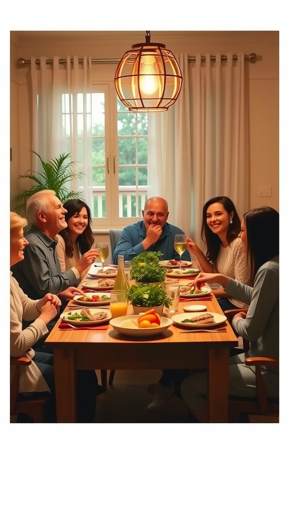 A cozy dinner setting with family and friends enjoying a meal together.