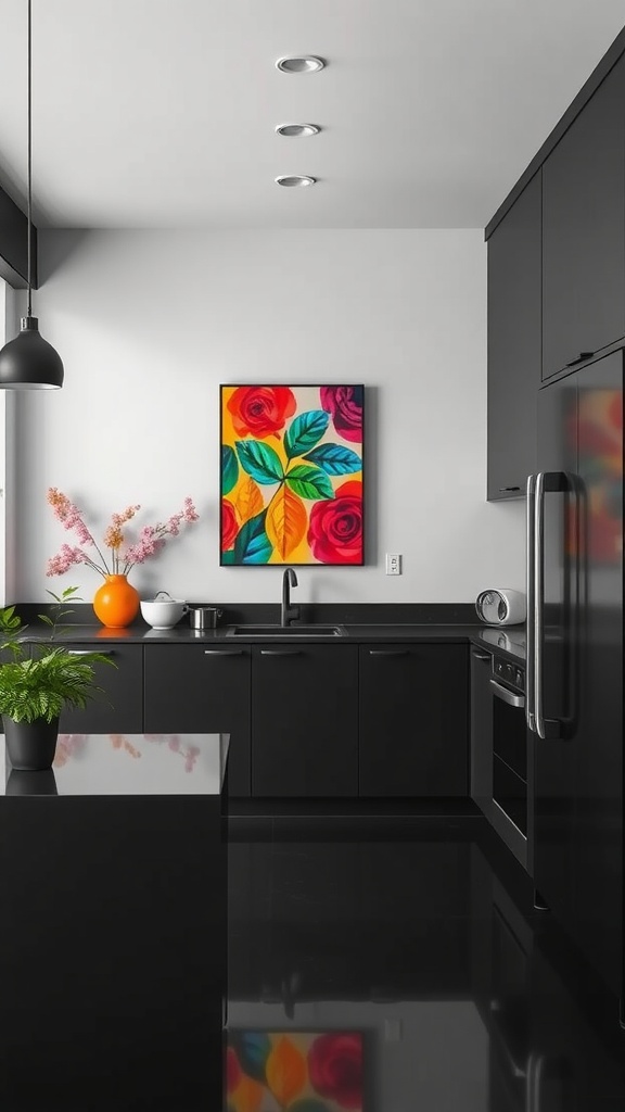 A stylish black kitchen featuring colorful wall art