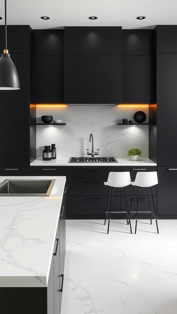 A modern black kitchen with white marble countertops and stylish decor