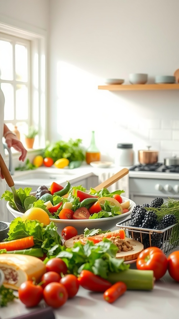 A kitchen with fresh vegetables and fruits, showcasing a healthy meal preparation.