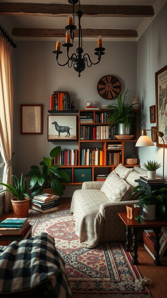 A cozy reading nook with a sofa, bookshelves, and plants