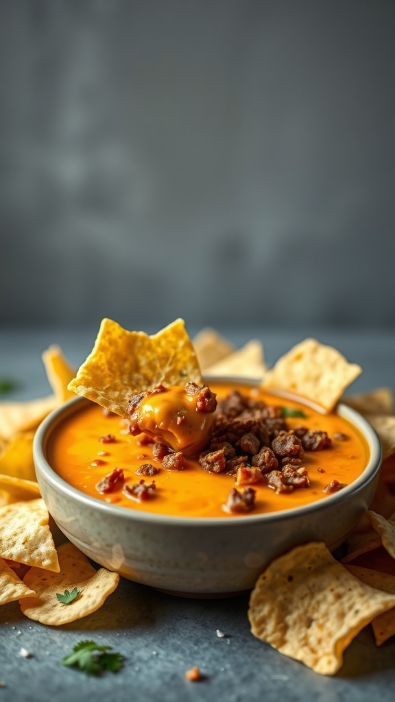 A bowl of creamy beef and cheese dip with tortilla chips