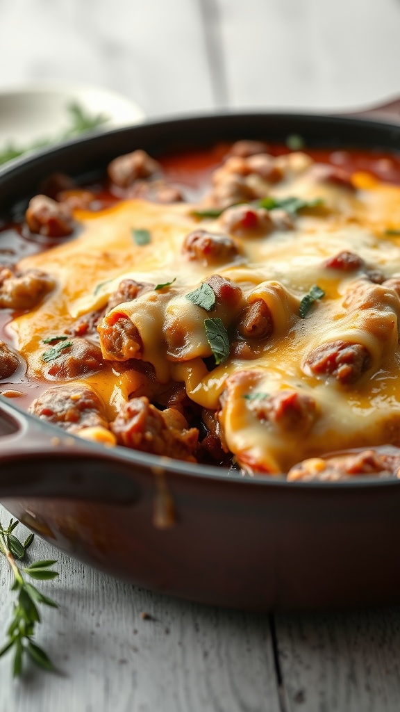 A delicious creamy beef casserole topped with melted cheese and herbs