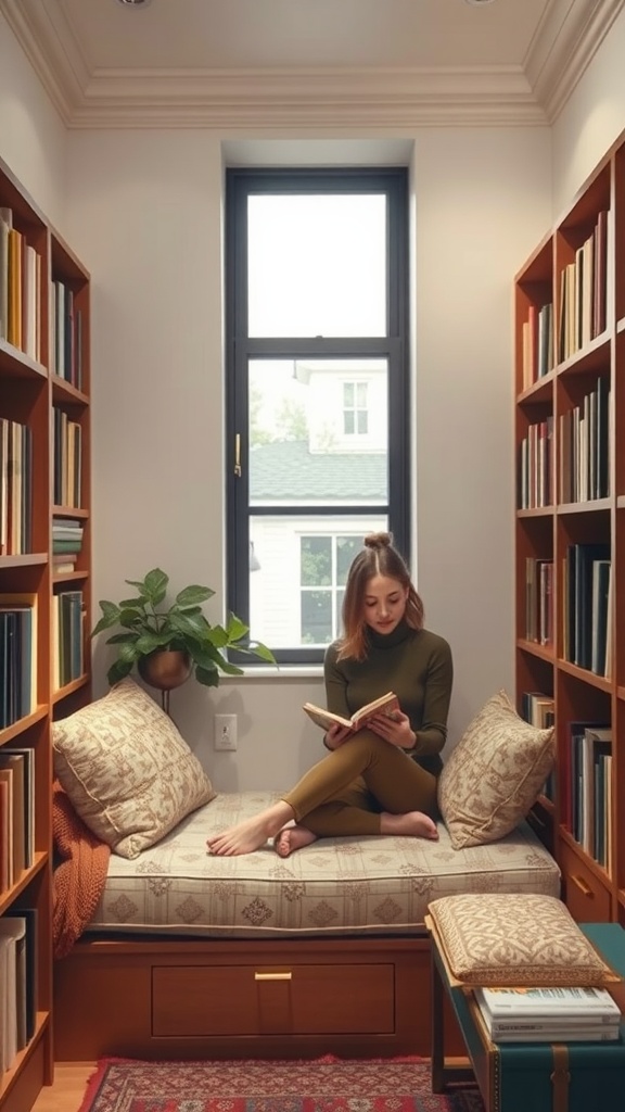 A cozy reading corner with a woman sitting on a cushioned bench surrounded by bookshelves.